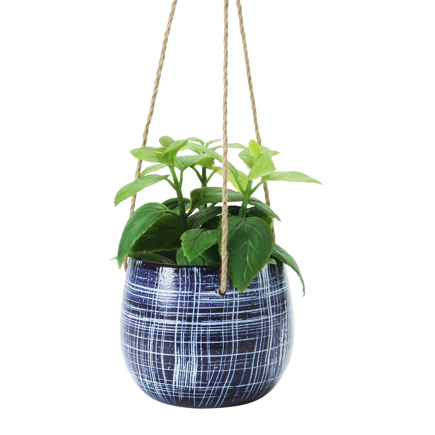A dark blue stoneware hanging planter with white hatching patterns and a natural jute hanger.